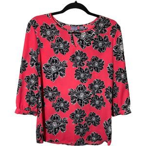 Laura Scott Womens Medium Pink w/ Black Floral 3/4 Sleeve Tunic Blouse Top